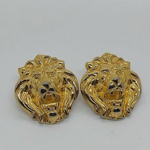 Vintage Anne Klein Lions Head Medallion Pierced Earrings in 3D 80's